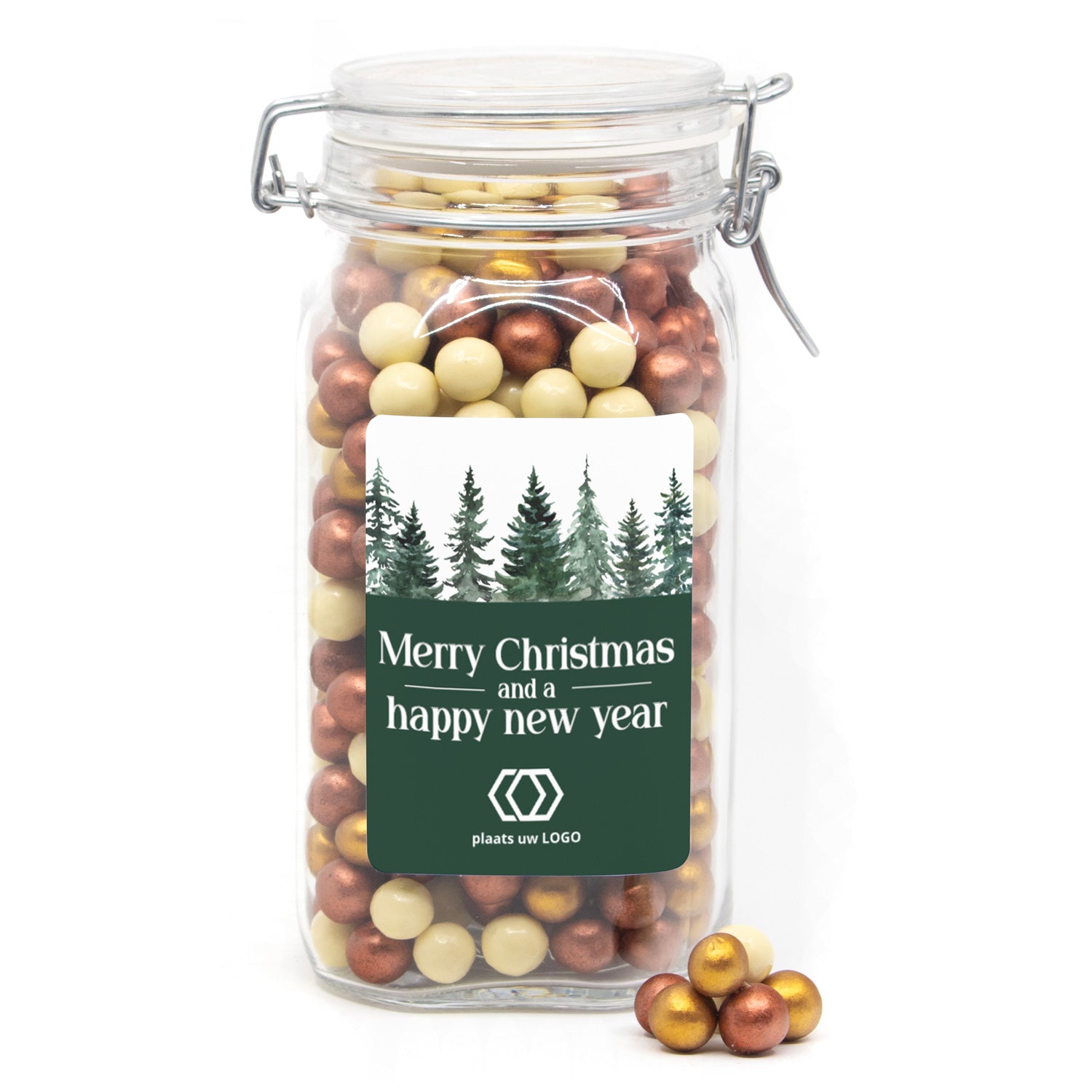 Grote pot met chocopearls met eigen logo - Kerst - Bedankjes.nl