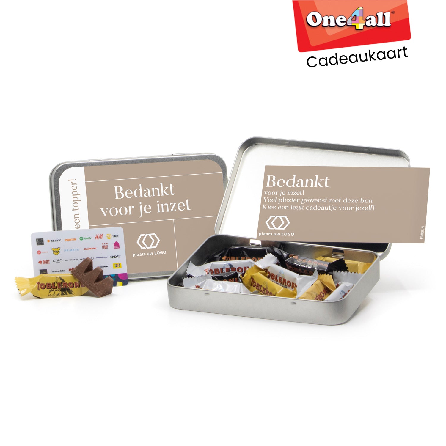 Toblerone in blik met One4All cadeaukaart - Zakelijk - Bedankjes.nl