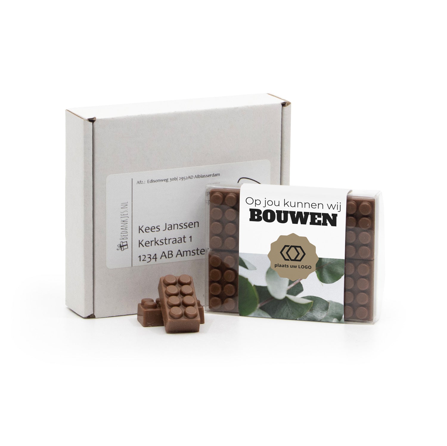 Doosje met 10 chocolade bouwstenen eigen sleeve - Brievenbus - Bedankjes.nl
