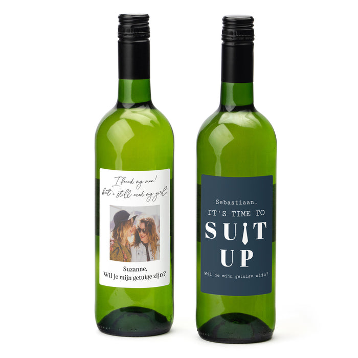 Fles Witte wijn met eigen etiket voor je getuige - Trouwen
