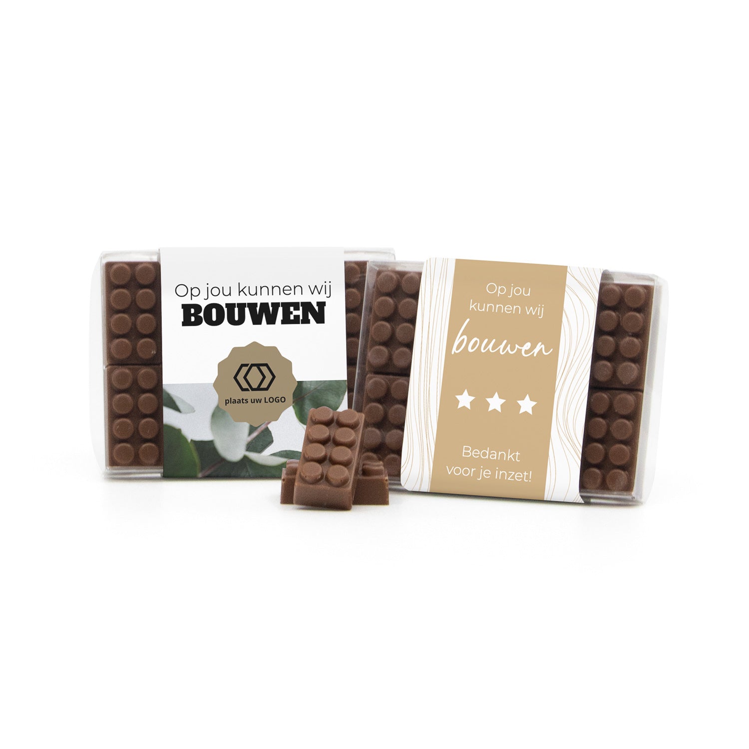 Doosje met 10 chocolade bouwstenen eigen sleeve - Compliment - Bedankjes.nl