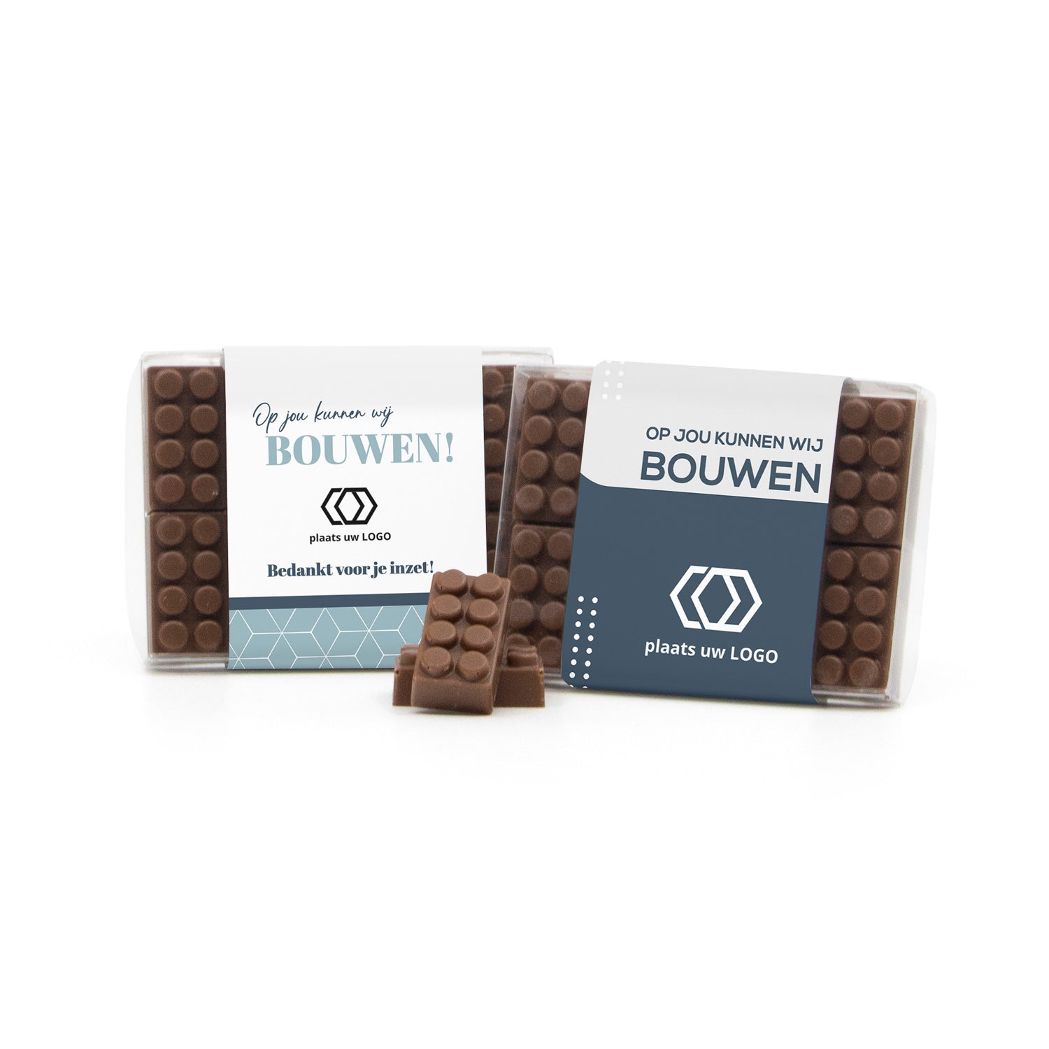 Doosje met 10 chocolade bouwstenen eigen sleeve - Compliment - Bedankjes.nl