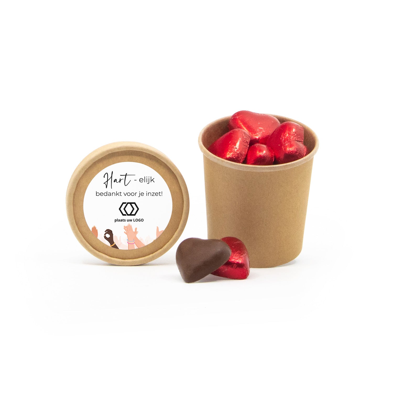 Bio kraftbekertje met Chocolade harten - Compliment – Bedankjes.nl